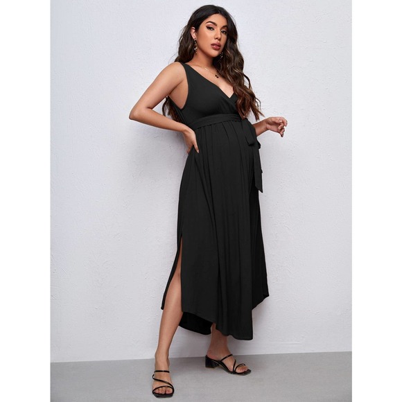Maternity Solid Split Thigh Belted Dress - Picture 4 of 11